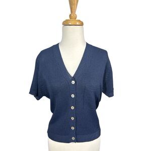 Harold Powell Navy Blue Short Sleeve V-Neck Knit Cardigan Chest Pocket Sz S